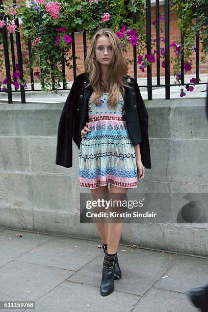 Model and Actress Beatrice Vendramin wears all Temperley on day 3 of London Womens Fashion Week Spring/Summer 2017, on September 18, 2016 in London,...