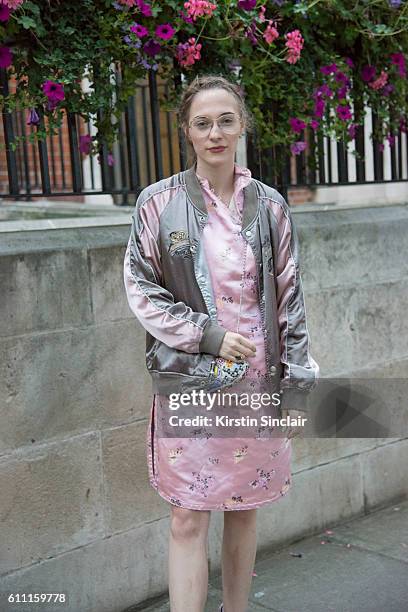 Fashion blogger Sabrina Carder wears all outfit vintage on day 3 of London Womens Fashion Week Spring/Summer 2017, on September 18, 2016 in London,...