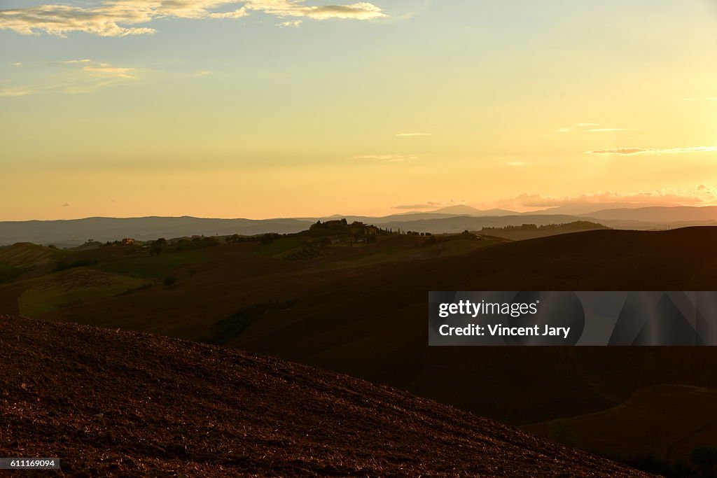 Cultivated Tuscany landscape with sunset at le crete belvedere Italy