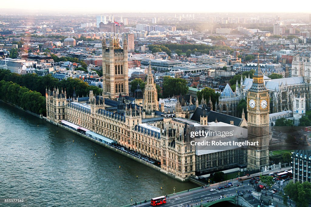 Big Ben and Houses of Parliament On River Thames, Dusk