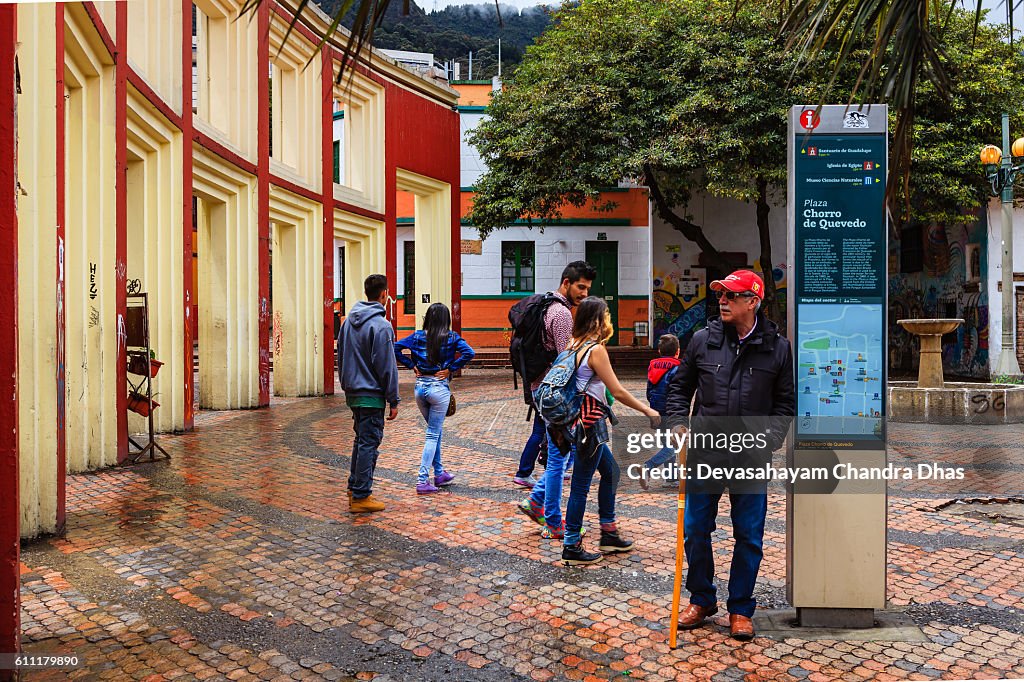 Bogota, Colombia - Tourists on Plaza Chorro de Quevedo