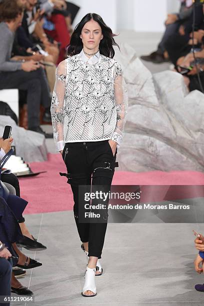 Model walks the runway during the Carven show as part of the Paris Fashion Week Womenswear Spring/Summer 2017 on September 29, 2016 in Paris, France.