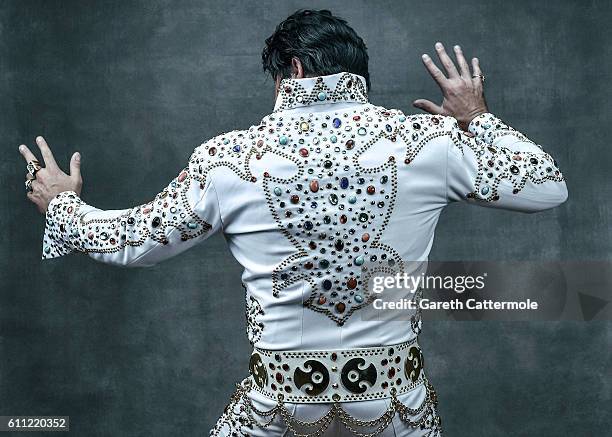 Elvis tribute artist Riccardo Vegas poses at the Grand Pavillion during a portrait session at 'The Elvies' on September 23, 2016 in Porthcawl, Wales....