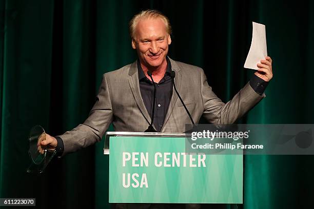 Bill Maher speaks onstage while accepting the First Amendment Award during PEN Center USA's 26th Annual Literary Awards Festival honoring Isabel...