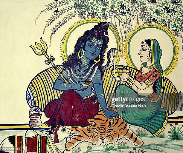 wall mural of lord shiva and parvati-city palace,udaipur. - shiva foto e immagini stock