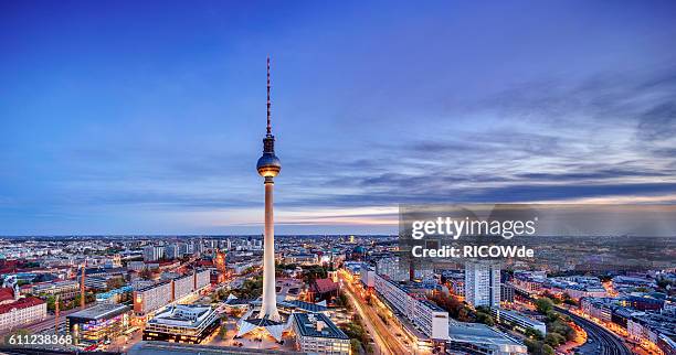 berlin tv tower at sunset - berlin aerial stock pictures, royalty-free photos & images