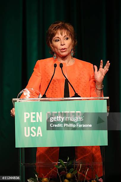 Isabelle Allende speaks onstage while accepting the Lifetime Achievement Award during PEN Center USA's 26th Annual Literary Awards Festival honoring...