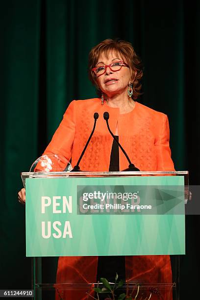 Isabelle Allende speaks onstage while accepting the Lifetime Achievement Award during PEN Center USA's 26th Annual Literary Awards Festival honoring...