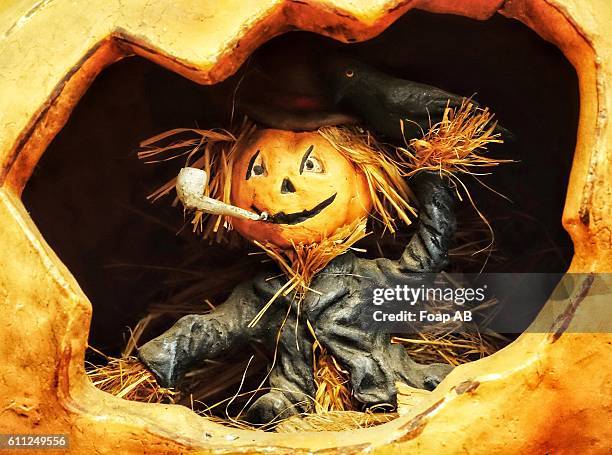 decoration of scarecrow in the mouth of halloween pumpkin - scarecrow faces foto e immagini stock