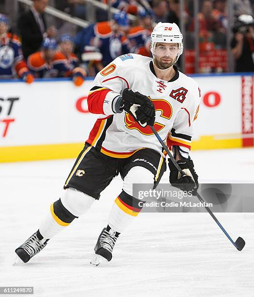 Chris Higgins of the Calgary Flames skates against the Edmonton Oilers on September 26, 2016 at Rogers Place in Edmonton, Alberta, Canada.