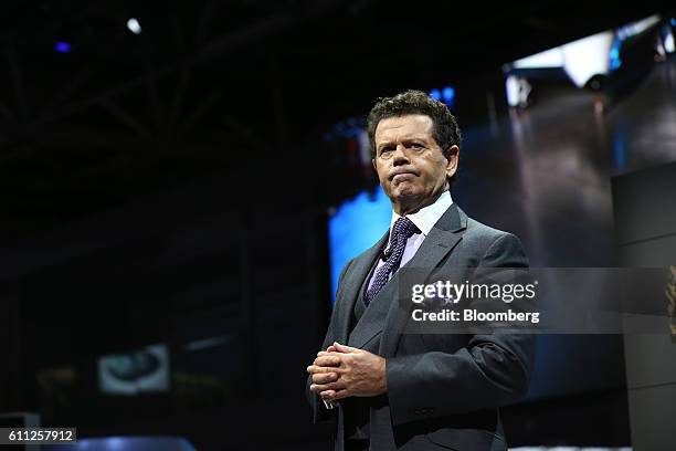 Gerry McGovern, chief designer at Land Rover Automotive Plc, pauses whilst making a speech during the first press day of the Paris Motor Show at...