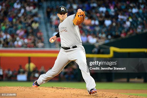 Jose Fernandez of the Miami Marlins delivers a pitch in the game against the Arizona Diamondbacks at Chase Field on June 11, 2016 in Phoenix,...