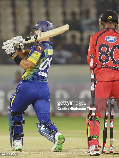 Herschelle Gibbs of the Cobras is bowled by Kieron Pollard of Trinidad and Tobago during the Airtel Champions League Twenty20 second semi-final match...