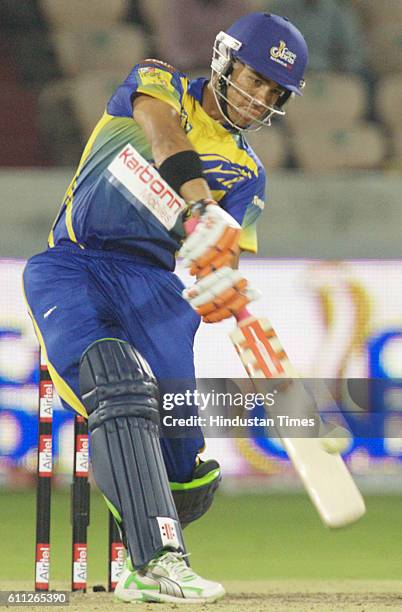 Duminy of the Cobras hits a shot during the Airtel Champions League Twenty20 second Semi Final match between Cape Cobras and Trinidad and Tobago at...