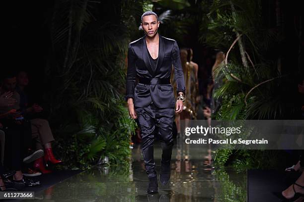 Designer Olivier Rousteing is seen on the runway during the Balmain show as part of the Paris Fashion Week Womenswear Spring/Summer 2017 on September...