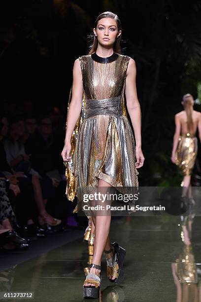 Gigi Hadid walks the runway during the Balmain show as part of the Paris Fashion Week Womenswear Spring/Summer 2017 on September 29, 2016 in Paris,...