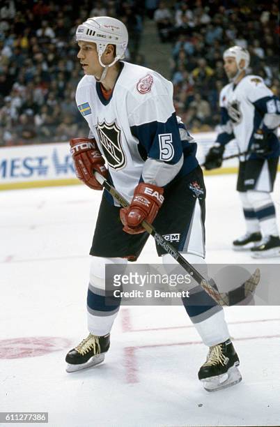 Nicklas Lidstrom of the World and the Detroit Red Wings skates on ice during the 1998 48th NHL All-Star Game against North America on January 18,...