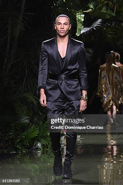 Designer Olivier Rousteing walks the runway during the Balmain show as part of the Paris Fashion Week Womenswear Spring/Summer 2017 on September 29,...