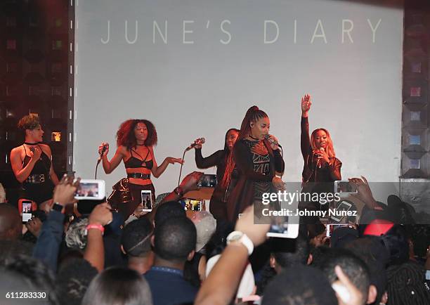 Gabrielle Carreiro, Brienna DeVlugt, Ashly Williams, Shyann Roberts and Kristal Lyndriette Of June's Diary perform at S.O.B.'s on September 28, 2016...