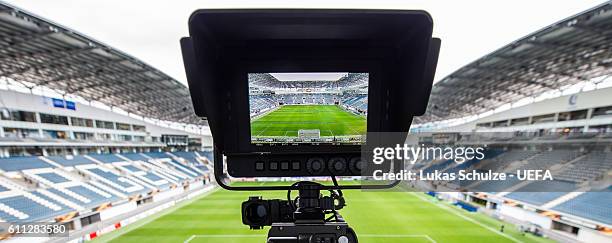 Camera screen with a general view of the stadium is seen prior to the UEFA Europa League match between KAA Gent and Konyaspor at Ghelamco Arena on...