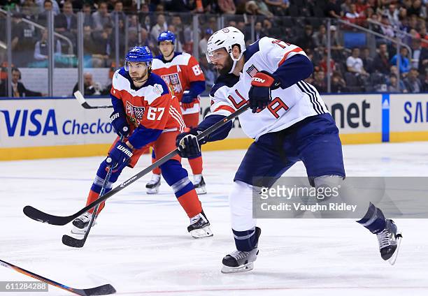 Ryan Kesler of Team USA fires a shot on Team Czech Republic during the World Cup of Hockey 2016 at Air Canada Centre on September 22, 2016 in...