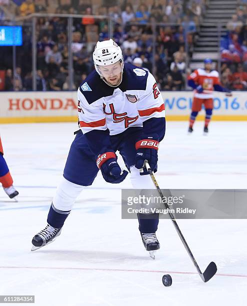 Derek Stepan of Team USA stickhandles the puck against Team Czech Republic during the World Cup of Hockey 2016 at Air Canada Centre on September 22,...