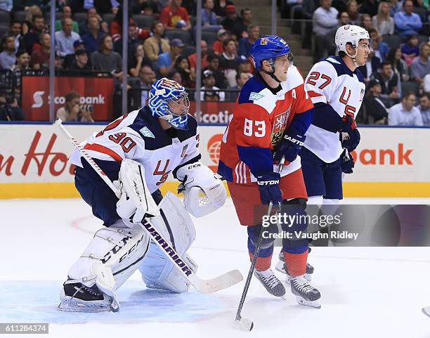 Ales Hemsky of Team Czech Republic creates traffic in front of Ben Bishop of Team USA during the World Cup of Hockey 2016 at Air Canada Centre on...