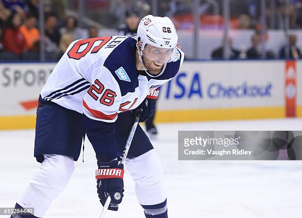 Blake Wheeler of Team USA prepares for a face-off against Team Czech Republic during the World Cup of Hockey 2016 at Air Canada Centre on September...