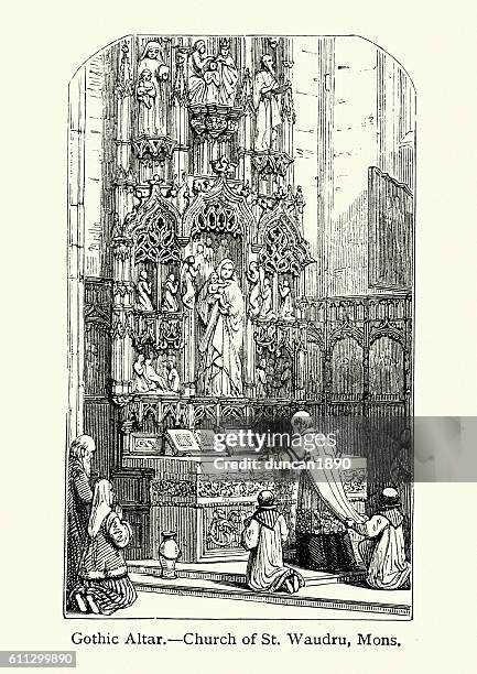 priest praying in front of a gothic altar - altar boy stock illustrations