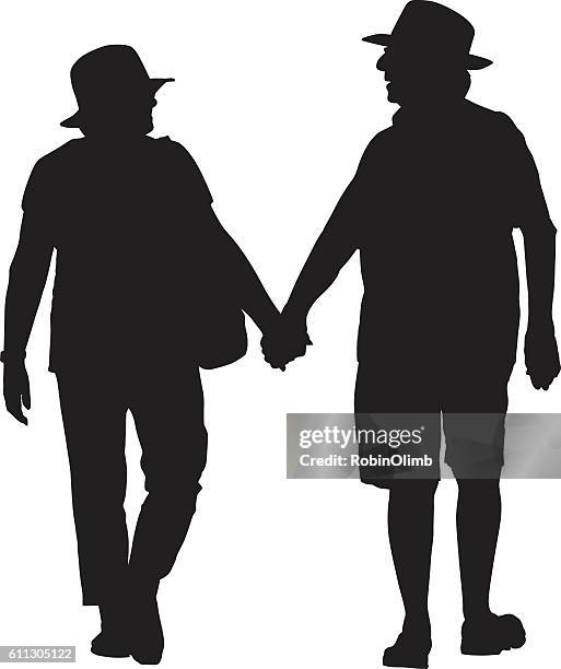 elderly couple walking hand in hand - elderly exercising stock illustrations