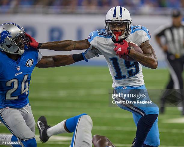 Tajae Sharpe of the Tennessee Titans runs with the football during an NFL game against the Detroit Lions at Ford Field on September 18, 2016 in...