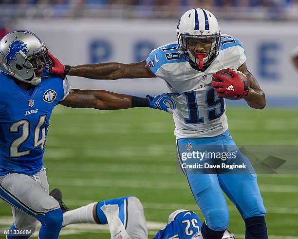 Tajae Sharpe of the Tennessee Titans runs with the football during an NFL game against the Detroit Lions at Ford Field on September 18, 2016 in...