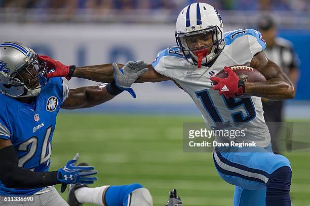 Tajae Sharpe of the Tennessee Titans runs with the football during an NFL game against the Detroit Lions at Ford Field on September 18, 2016 in...