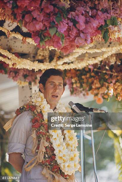 Charles, Prince of Wales makes a speech during a visit to Fiji, circa 1974.