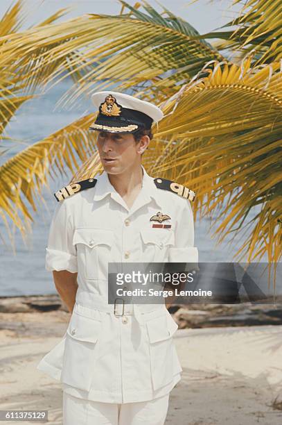 Charles, Prince of Wales wearing a summer naval uniform during a visit to the Côte d'Ivoire, 1977.