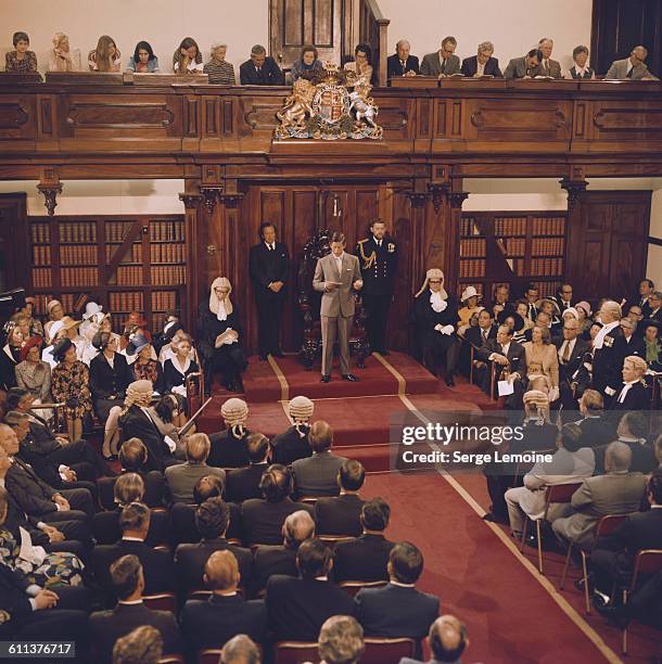 Charles, Prince of Wales makes a speech during a tour of Australia, October 1974.