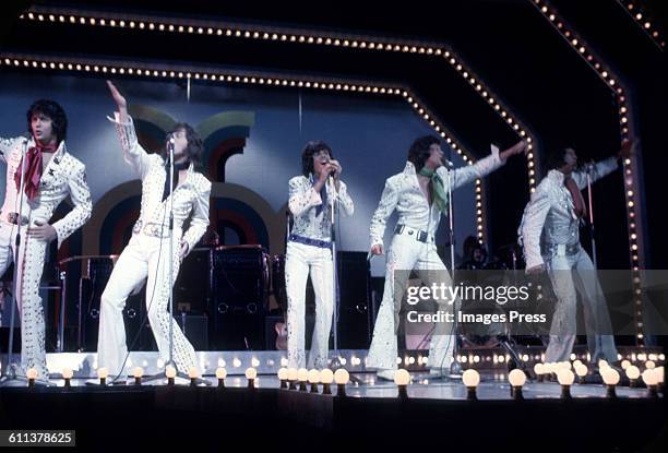 The Osmonds on stage at the London Palladium circa 1973 in London, England.