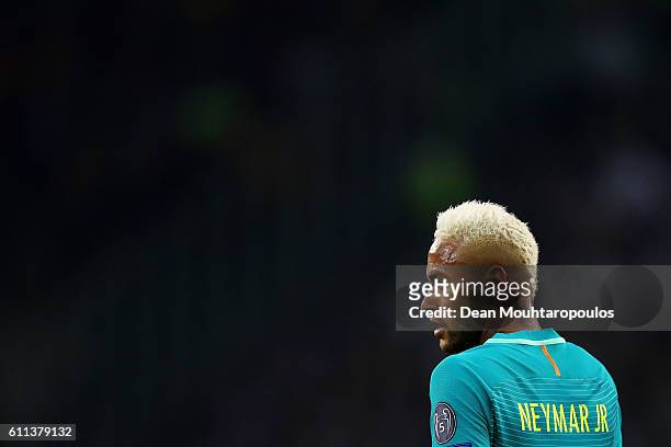 Neymar of Barcelona looks on during the UEFA Champions League group C match between VfL Borussia Moenchengladbach and FC Barcelona at Borussia-Park...