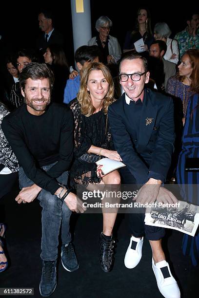 Architect Joseph Dirand, his companion Anne-Sophie Billet and Stylist Bruno Frisoni attend the Alexis Mabille show as part of the Paris Fashion Week...