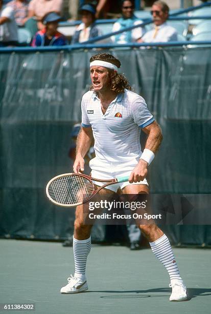 Guillermo Vilas of Argentina in action during the Men's 1982 US Open Tennis Championships circa 1982 at the USTA National Tennis Center in the Queens...