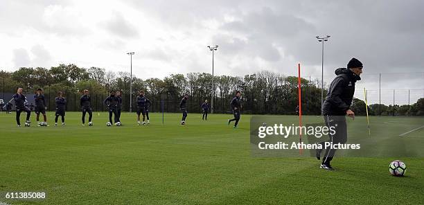 Manager Francesco Guidolin shows his players what to do during the Swansea City Training at The Fairwood Training Ground on September 29, 2016 in...