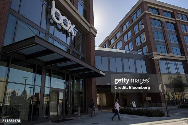 Pedestrian walks past Box Inc. Headquarters in Redwood City, California, U.S., on Monday, Sept. 26, 2016. Box Inc., trying to expand revenue amid...