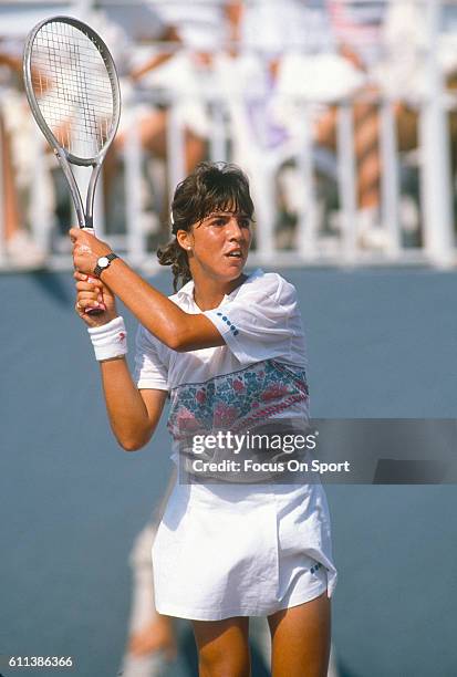 Jennifer Capriati of the United States hits a return during a match at the WTA Tour Virginia Slims of Florida circa 1990 at the Polo Club in Boca...