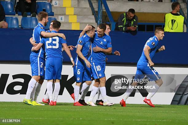 Jan Sykora and Zdenek Folprecht of Liberec celebrates after scoring the opening goal during the UEFA Europa League first-leg football match between...