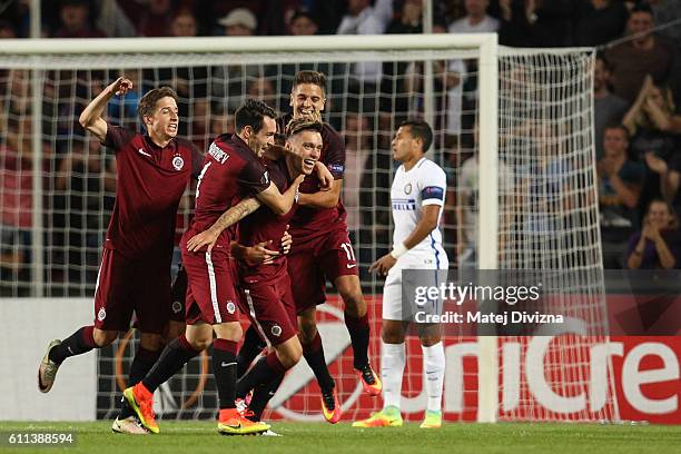 Vaclav Kadlec of Sparta Prague celebrates his goal with his team mates during the UEFA Europa League match between AC Sparta Praha and FC...