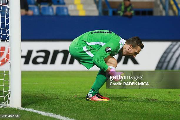 S goalkeeper Panagiotis Glykos celebrates after they scored during the UEFA Europa League first-leg football match between AC Sparta Prague and FC...