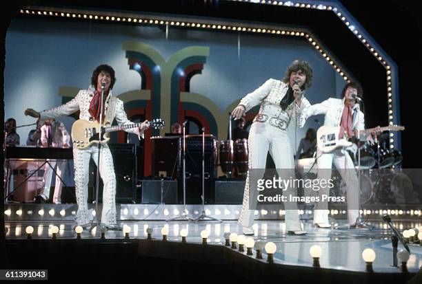 The Osmonds on stage at the London Palladium circa 1973 in London, England.