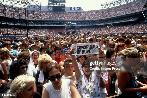 Fans attend the Amnesty International Concert at Giants Stadium circa 1986 in East Rutherford, New Jersey.