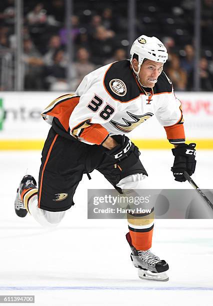 Stu Bickel skates after the puck during a preseason game against the Los Angeles Kings at Staples Center on September 28, 2016 in Los Angeles,...