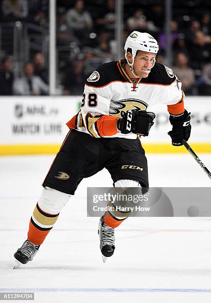 Stu Bickel skates after the puck during a preseason game against the Los Angeles Kings at Staples Center on September 28, 2016 in Los Angeles,...